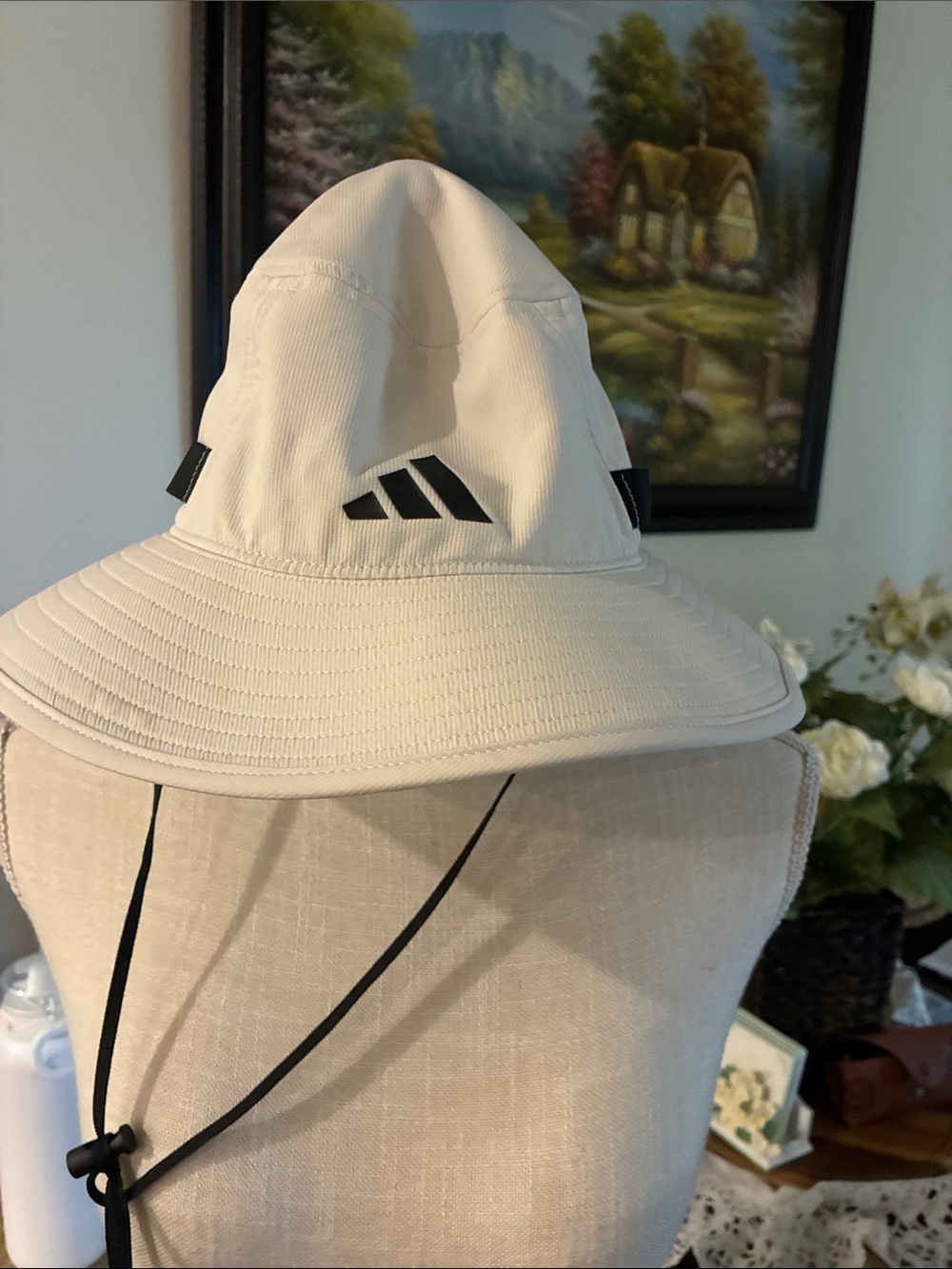 adidas White Wide-Brim Sun Hat with Chin Cord